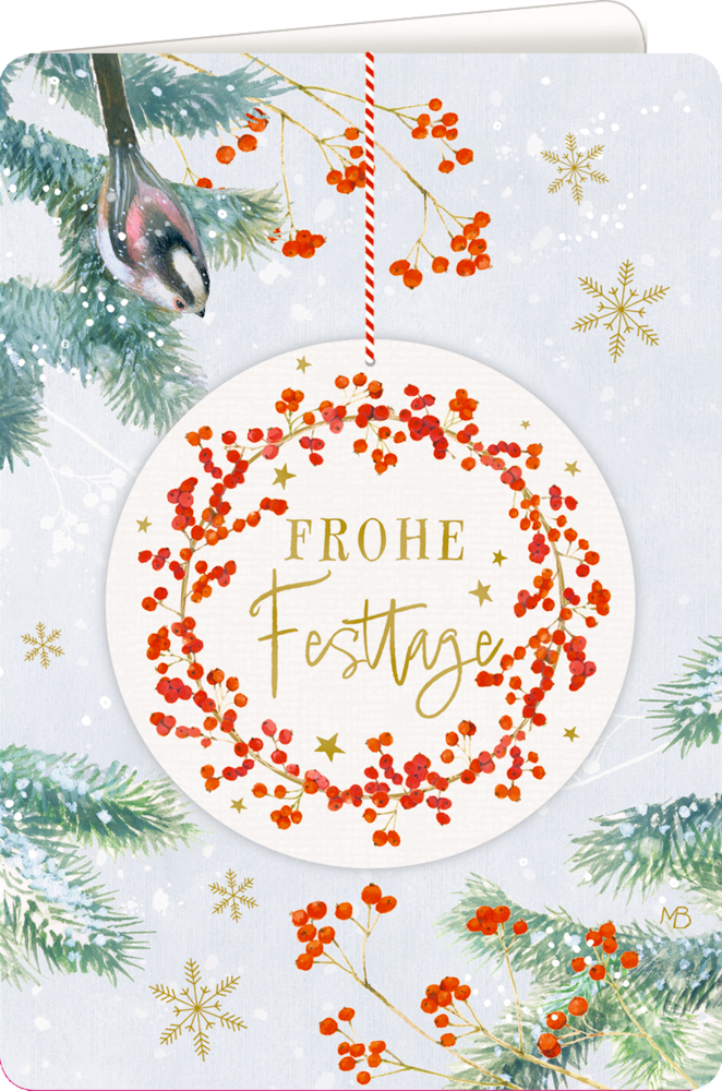 Grußkarte mit „Frohe Festtage“ in Gold, umgeben von roten Beeren, Tannenzweigen und Schneeflocken.