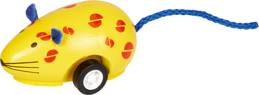 Gelbe Holz-Spielzeugmaus mit roten Punkten, blauen Ohren, blauem Schwanz und schwarzen Rädern statt Beinen.