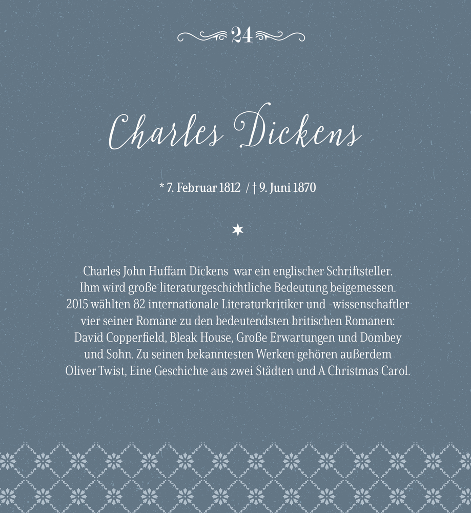 Eleganter blauer Hintergrund mit weißen Verzierungen, darauf Text zu Charles Dickens.