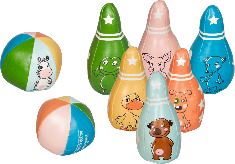 Kegel-Set - Die Lieben Sieben Bunte Bowlingkegel und zwei weiche Bälle, verziert mit Cartoon-Tiergesichtern in einem verspielten Tierdesign.