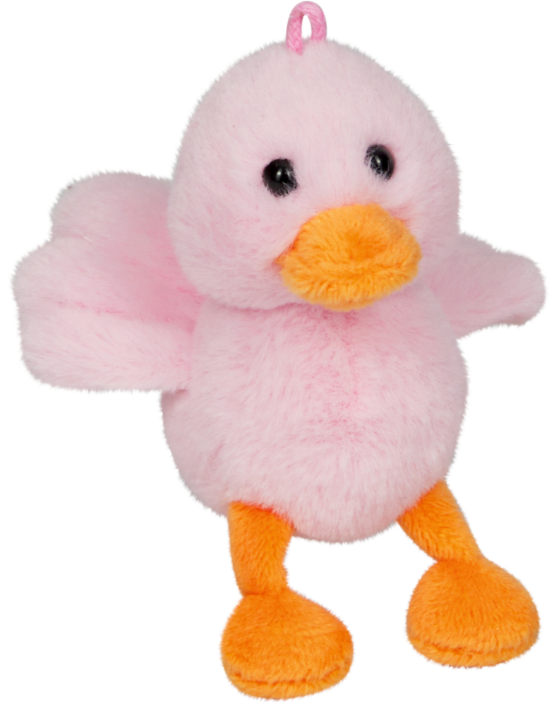 Rosa Plüschküken mit orangefarbenem Schnabel und Füßen.
