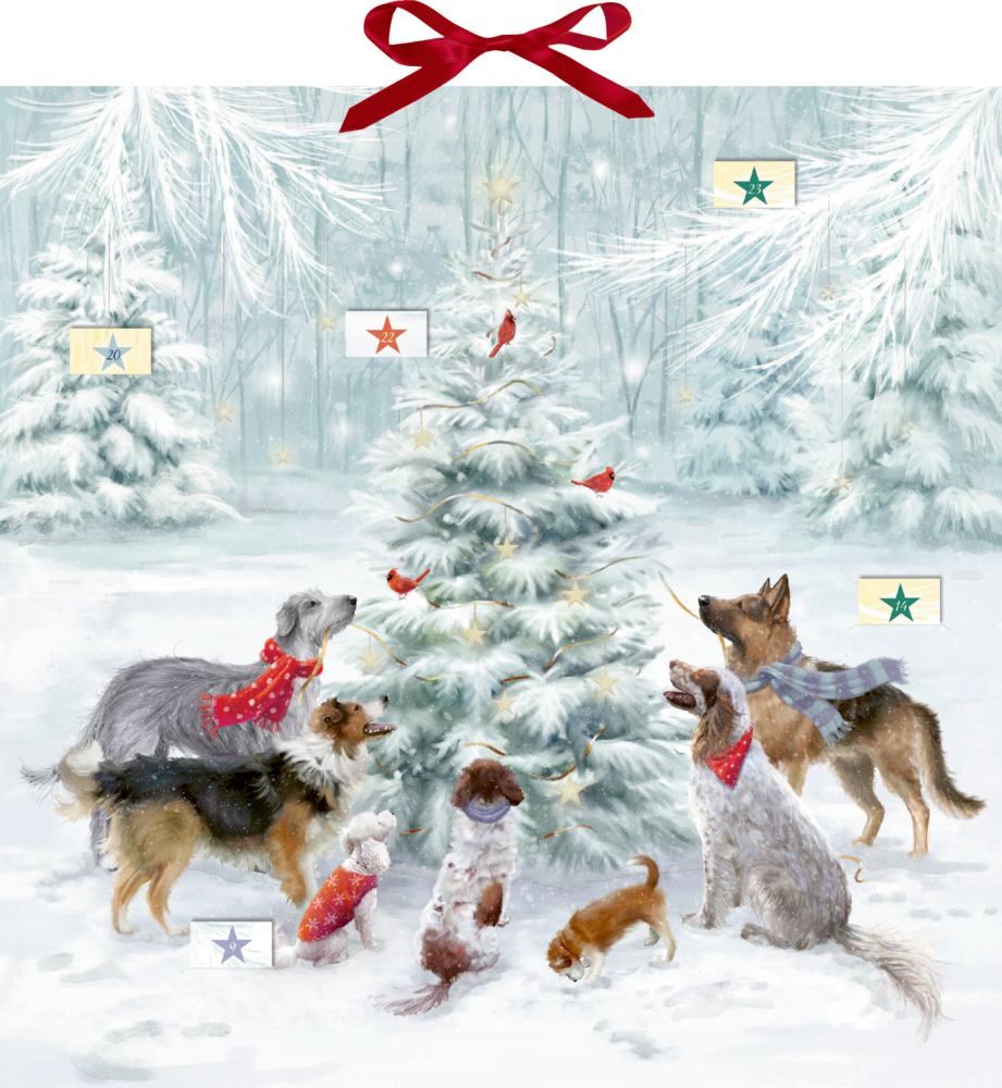 Mehrere Hunde stehen im Schnee um einen geschmückten Weihnachtsbaum mit roten Vögeln, im Hintergrund verschneite Tannen.