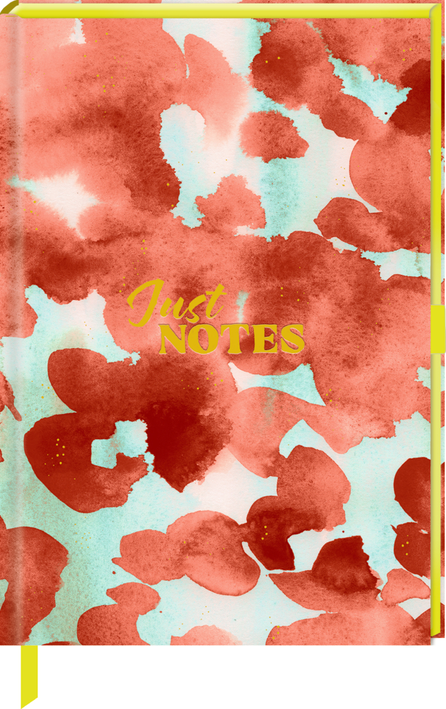 Roter Tagebucheinband mit Aquarellblumen und der Aufschrift „Just NOTES“ in Gold.