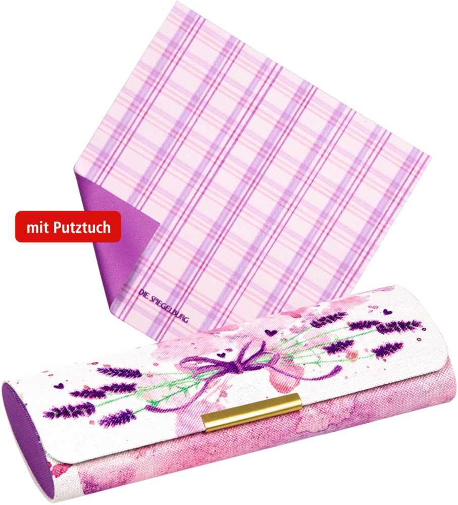 Brillenetui mit Lavendelmotiv und lila-kariertem Putztuch, Aufschrift "mit Putztuch".