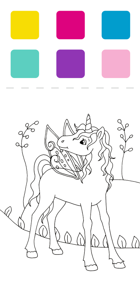 Ein Einhorn mit Schmetterlingsflügeln steht auf einer Wiese. Über ihm sind sechs bunte Farbfelder.