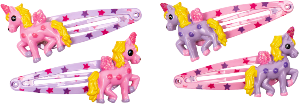 Haarclips Einhorn - Einhorn-Paradies Set mit vier Einhorn-Haarspangen mit Sternmuster in Rosa, Lila und Gelb auf weißem Hintergrund.