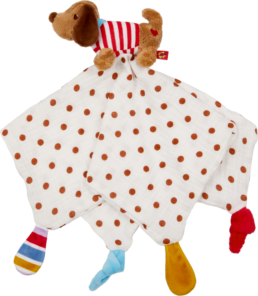 Schnuffeltuch Dackel mit Mulltuch - BabyGlück Plüschhund, befestigt an einem weißen Tuch mit braunen Punkten und bunten Greifecken.