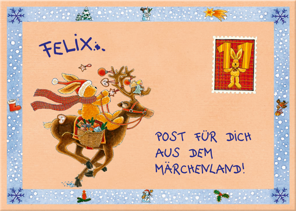 Umschlagillustration, Hase Felix reitet auf einem Rentier, Winterrand mit Feiertagsgruß.