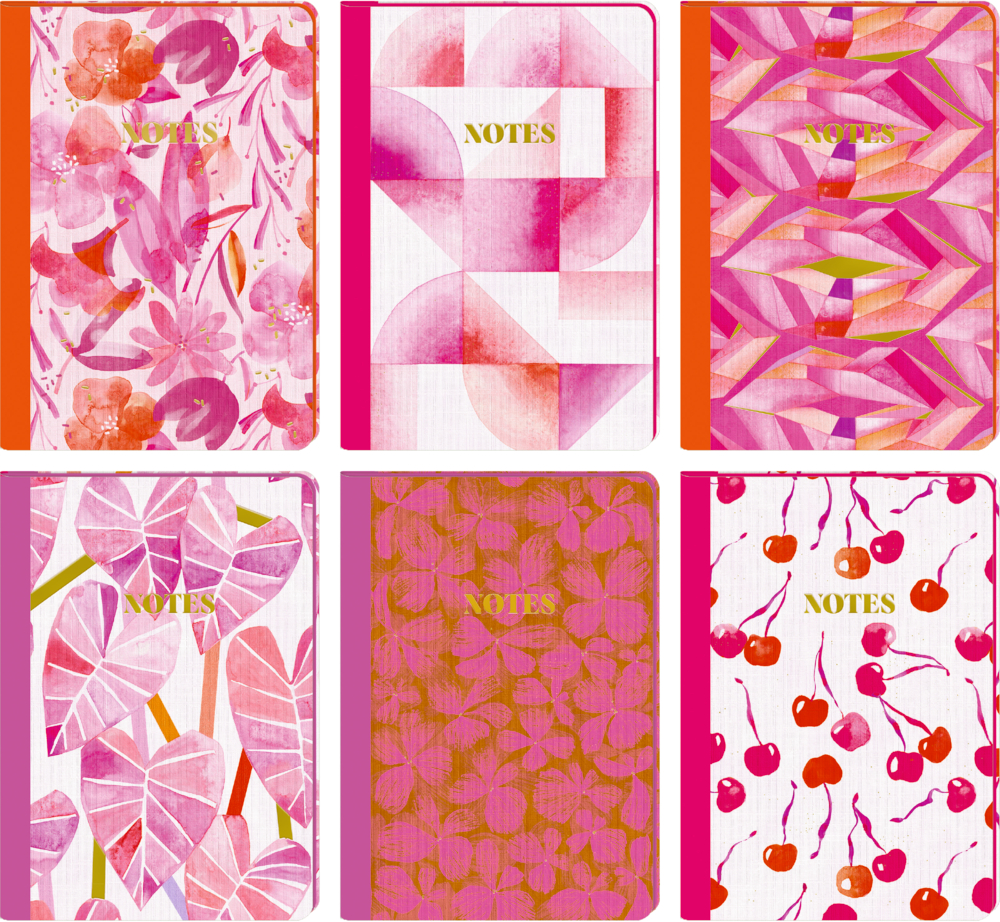 Notizheft DIN A5 - All about pink Sechs farbenfrohe Notizbücher mit Blumen-, Blatt-, Kirsch- und geometrischen Mustern in Rosa, Rot und Gold.