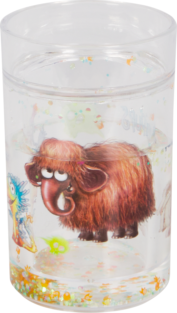 Durchsichtiger Plastikbecher mit Comic-Tieren, wie einem braunen Mammut, und buntem Glitzer, der im Wasser schwimmt.