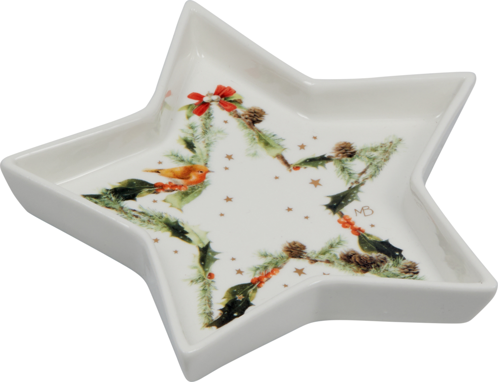 Weißer Porzellanteller in Sternform, gefüllt mit festlichem Grün, Tannenzapfen und roten Vogel-Weihnachtsdekorationen.