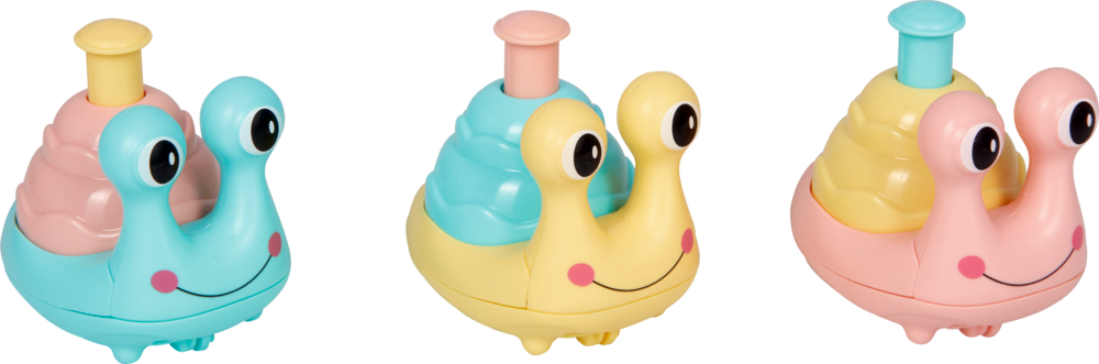 Lustige Rennschnecke - Bunte Geschenke Drei bunte Schneckenspielzeuge mit großen Augen, lächelnden Gesichtern und einem Knopf oben auf jedem Schneckenhaus.