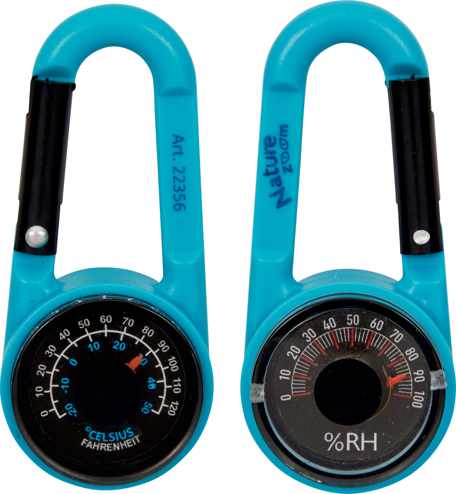Zwei blaue Karabiner mit integrierten Zifferblättern zur Anzeige von Temperatur (°C/°F) und Luftfeuchtigkeit (%RH).