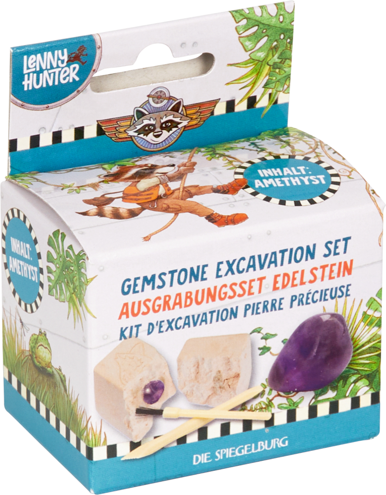 Pappschachtel mit abgebildetem Set zum Ausgraben eines Amethysts.