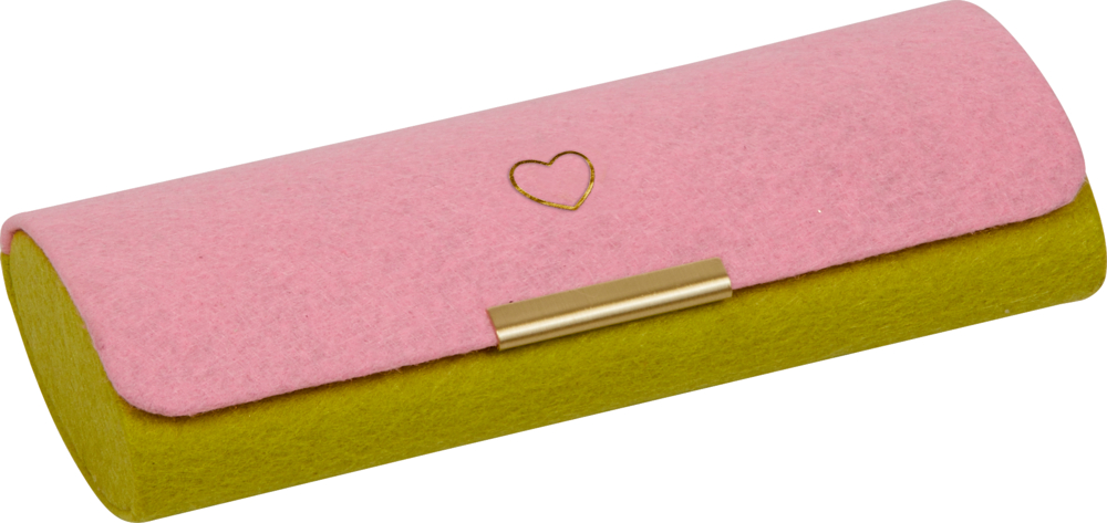 Brillenetui mit filzartigem Bezug, rosafarbenem Deckel, goldenem Verschluss und grünem Korpus.