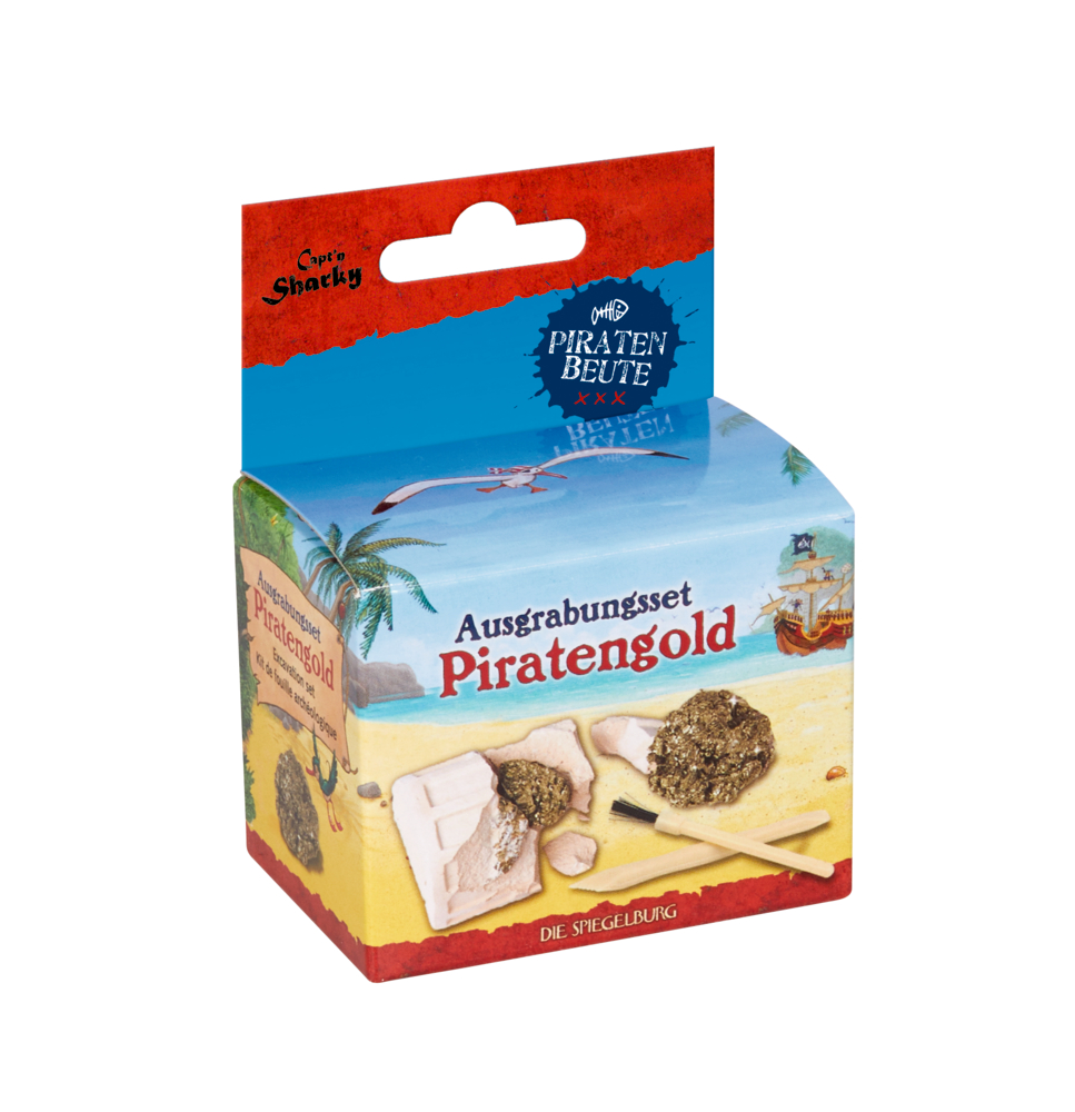 Ausgrabungsset Piratengold - Capt'n Sharky "Kleine Pappschachtel mit der Abbildung von Gold, einem Gipsblock, Grabwerkzeugen und einer Strandszene im Hintergrund."