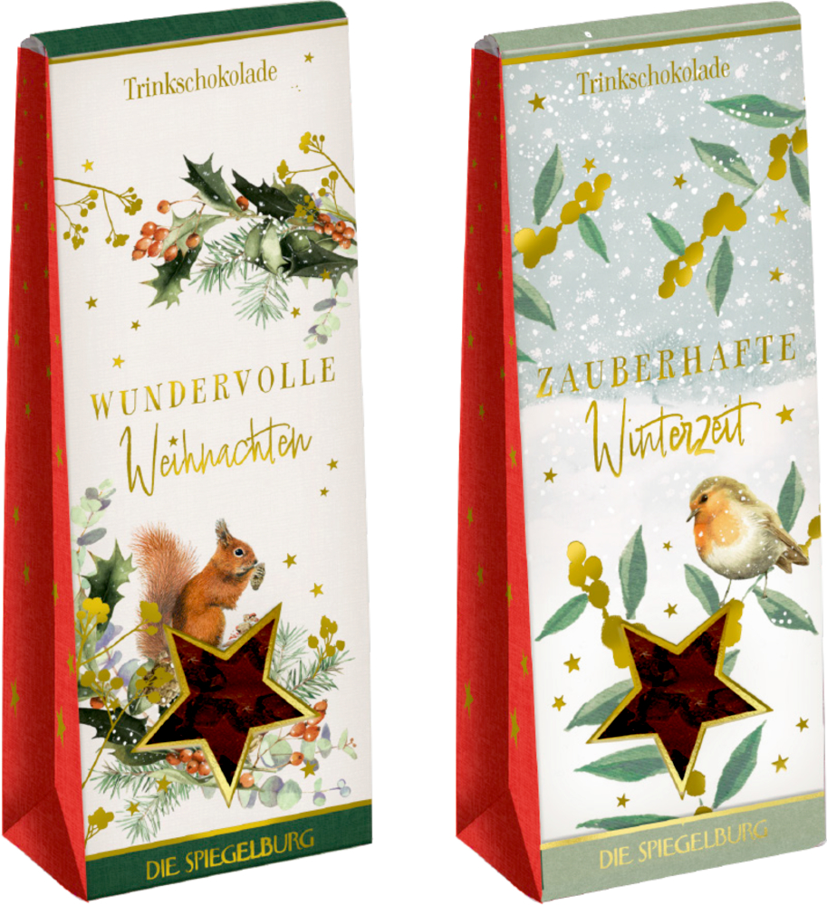 Zwei festliche Trinkschokoladen mit Sternfenstern, eine mit Eichhörnchen-, eine mit Vogelmotiv.