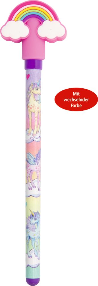 Stift mit bunten Einhornmotiven, pinker Kappe und Aufsatz in Form eines Regenbogens mit weißen Wolken.