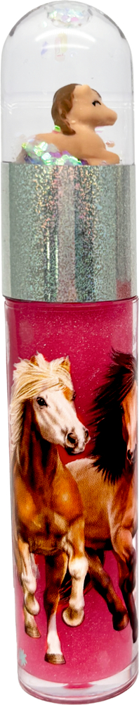 Rosa Lipgloss mit Schneekugel im Deckel mit Bildern von laufenden Pferden.