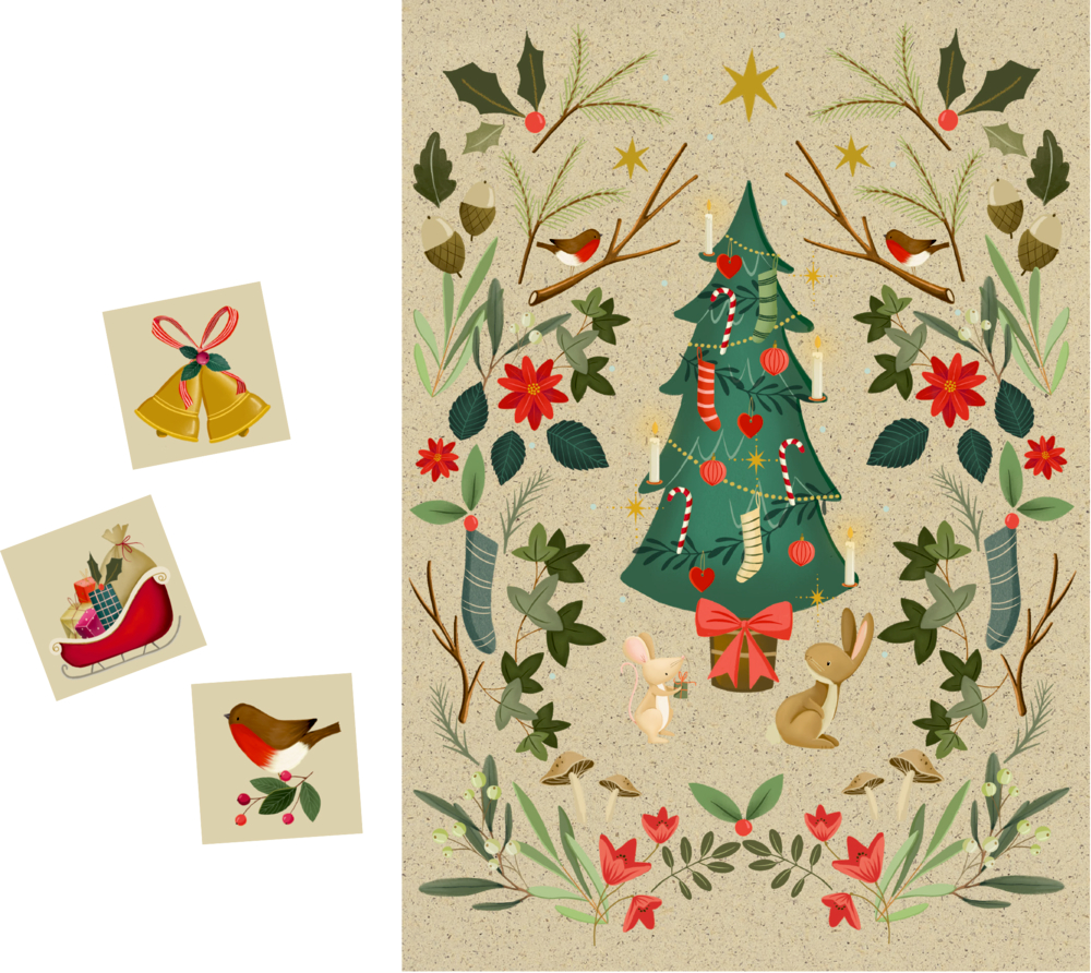 Weihnachtsbaum mit Tieren, festlichen Pflanzen und drei Adventsmotiven an der Seite.