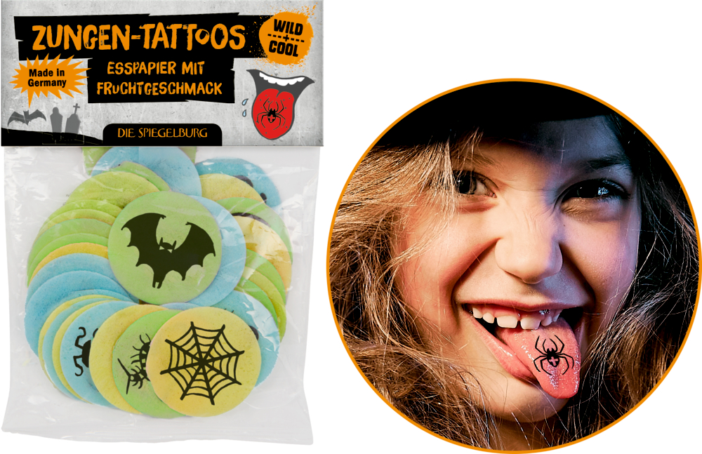 Essbare Zungen-Tattoos mit Gruselmotiven, Mädchen zeigt Spinnen-Tattoo auf ihrer Zunge.