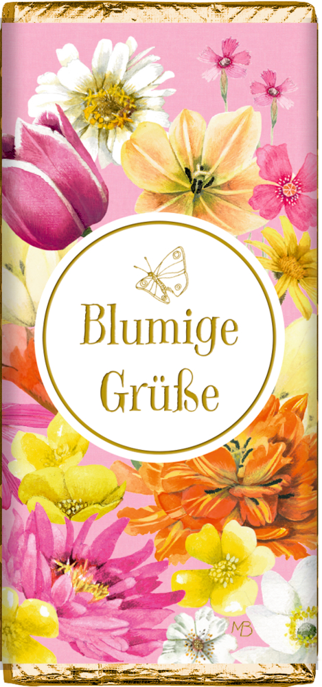 Schokoladentafel mit bunten Blumen und dem Text Blumige Grüße auf rosa Hintergrund.
