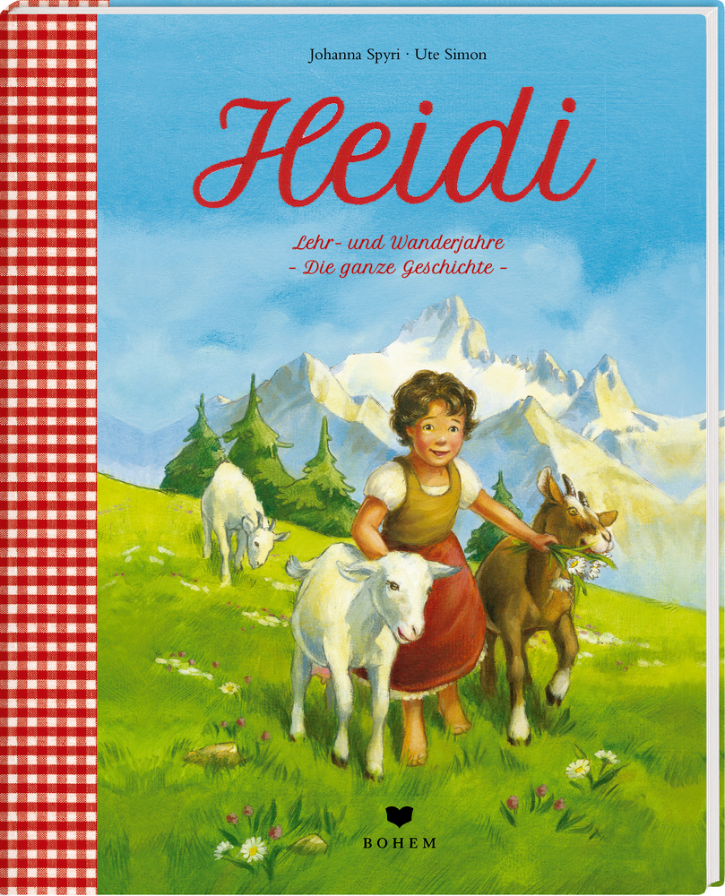 Heidi-Buchcover: Ein lächelndes Mädchen im roten Kleid mit Ziegen in den Bergen.