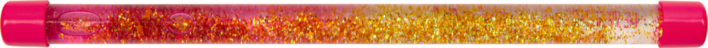 Klare Röhre mit rosa Enden, gefüllt mit wirbelndem orange-gelbem Glitter in Flüssigkeit.