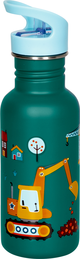 Edelstahlflasche Bagger Ed. 2 - Wenn ich mal groß... (ca.0,5l) Grüne Wasserflasche mit Abbildung eines Baggers, von Bäumen und Häusern. Mit hellblauem TRinkverschluss.