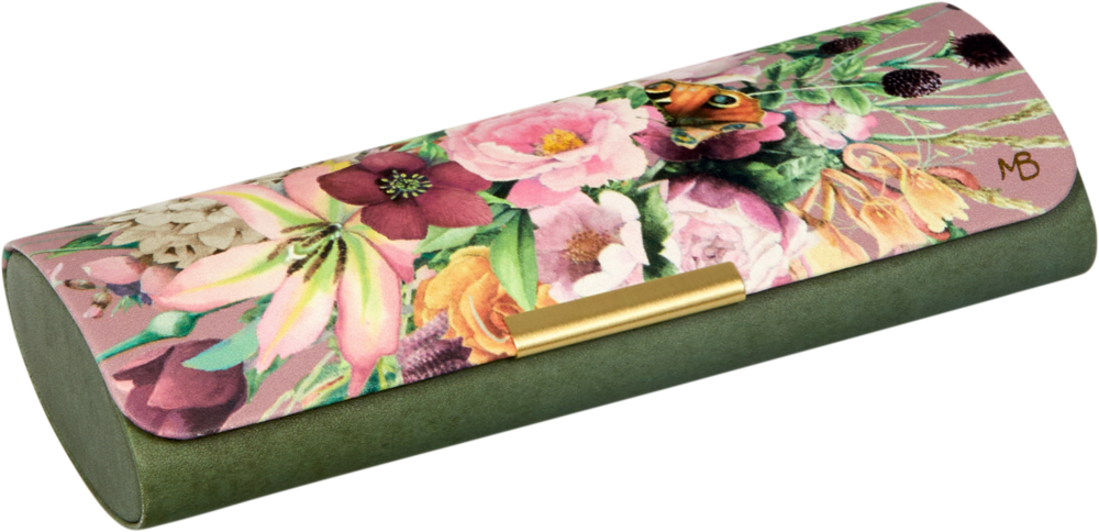 Grünes Brillenetui mit Blumenmuster und goldverziertem Verschluss.