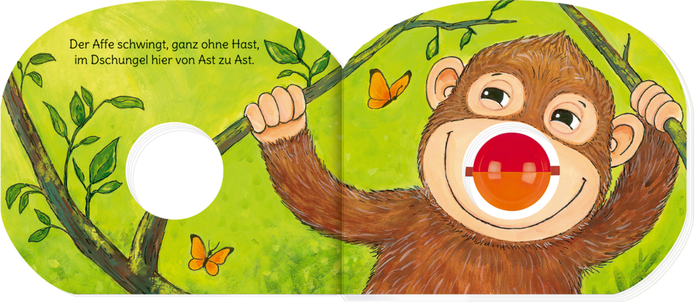 Affe mit Lächeln schwingt an Liane, Schmetterlinge fliegen, grüner Dschungel im Hintergrund, Text oben.