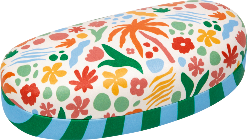 Buntes Brillenetui mit orangefarbenen, gelben, grünen und blauen Blumen- und Pflanzenmustern.