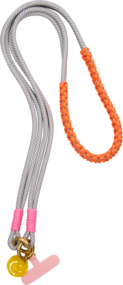 Graues Seil mit orangefarbenem, geflochtenem Griff und pinken, gelben sowie goldenen Akzenten an einem Ende.
