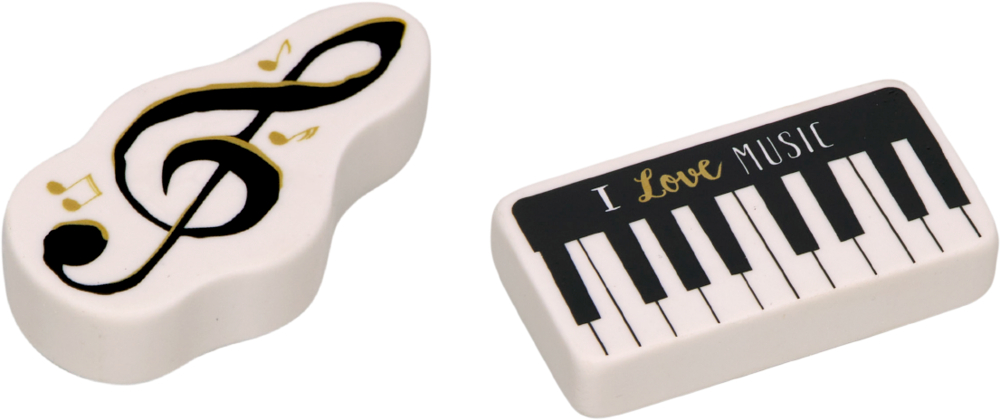Zwei Radiergummis, einer in Form eines Violinschlüssels, einer in Form eines Klaviers mit Aufschrift I Love Music.