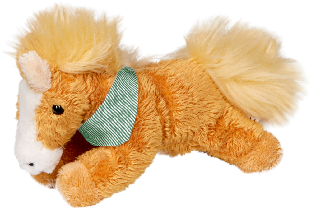 mittelbraun (grünes Halstuch), Beanie Ed. 2 Mein kleiner Ponyhof Plüschpferd mit hellbraunem Fell, flauschiger Mähne und Schweif, das einen grün gestreiften Schal trägt.