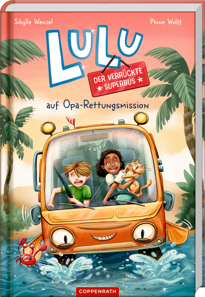 Lulu, der verrückte Superbus (Bd.1) auf Opa-Rettungsmisson Kinder und eine Katze fahren mit Lulu, einem gelben Bus, durch Wasser mit Palmen – illustriertes Buchcover.