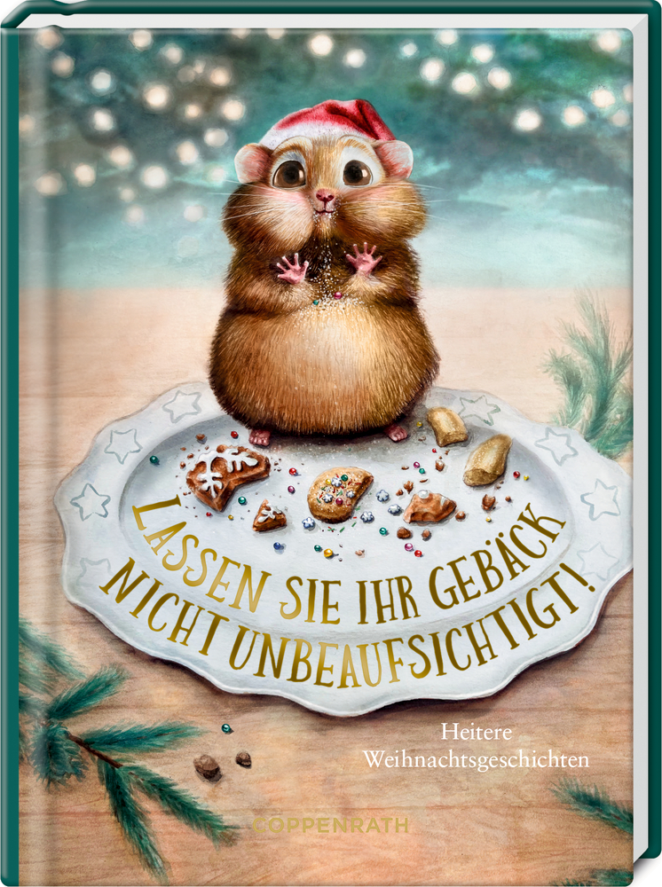 Buchcover mit gezeichnetem Hamster in roter Mütze vor einem Teller mit angebissenem Weihnachtsgebäck.