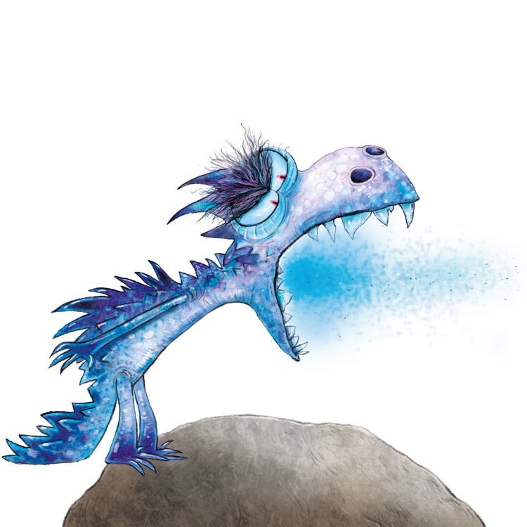 Blauer Drache der Eis spuckt und auf einem Stein steht