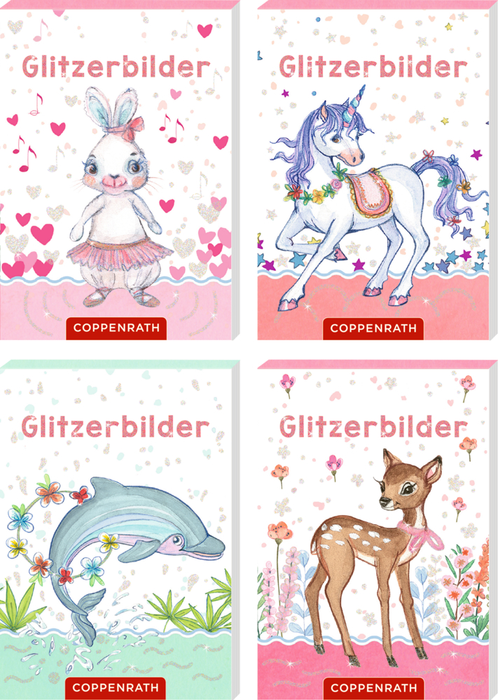 Vier Cover mit Hase, Einhorn, Delfin und Reh auf pastellfarbenem Hintergrund und dem Titel Glitzerbilder.