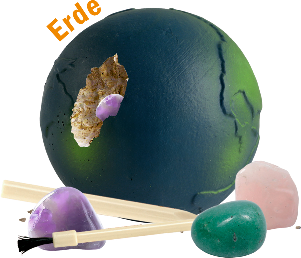 Dunkelblaue Kugel mit grünen Flächen, Beschriftung "Erde", geöffneter Stelle und violettem Stein, daneben drei bunte Steine und zwei Werkzeuge.