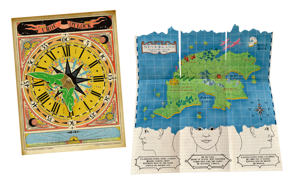 Buchcover „Peter Pan“: goldene und blaugrüne Silhouetten von fliegenden Figuren, Big Ben, einem Schiff und Sternen.