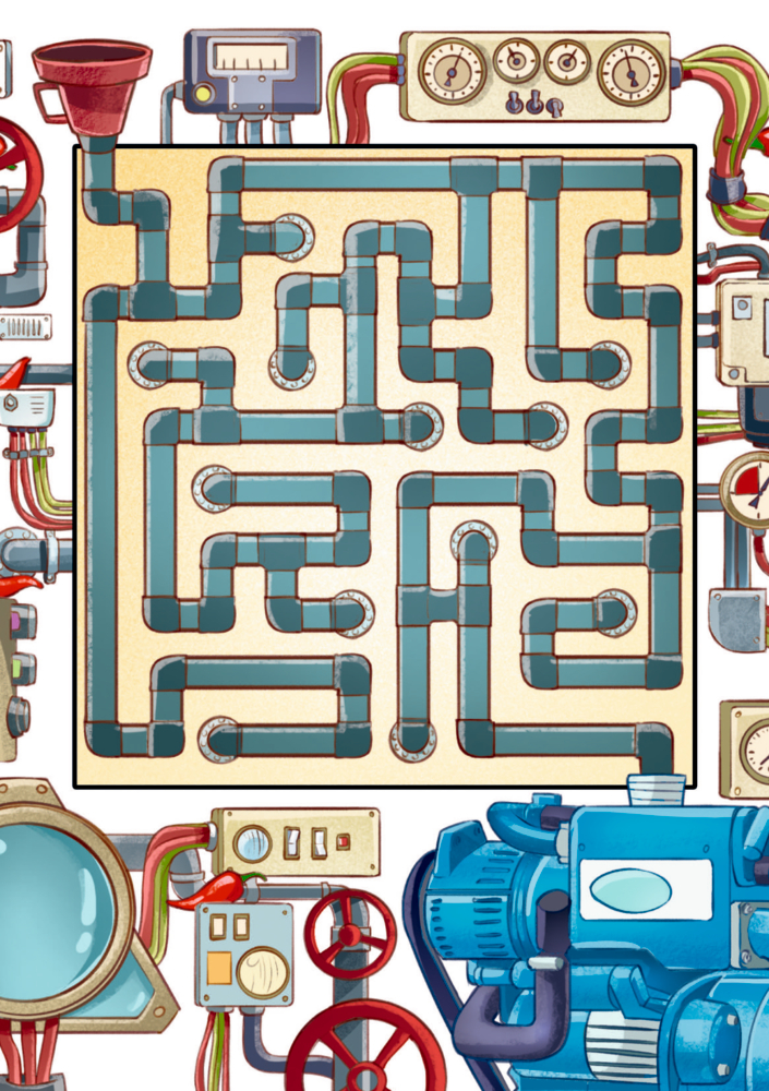 Ein Labyrinth aus Rohren, durchzogen von Messgeräten, Ventilen und Maschinen, auf einer Rätselseite.