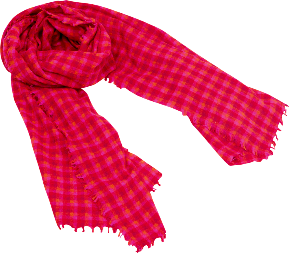 Rot-pink karierter Schal mit Fransenkanten auf weißem Hintergrund.