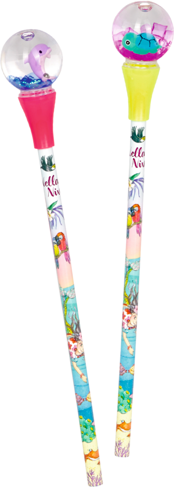 Zwei bunte Bleistifte mit ozeanischen Motiven und klaren Aufsätzen mit einem Delfin und einer Schildkröte darin.