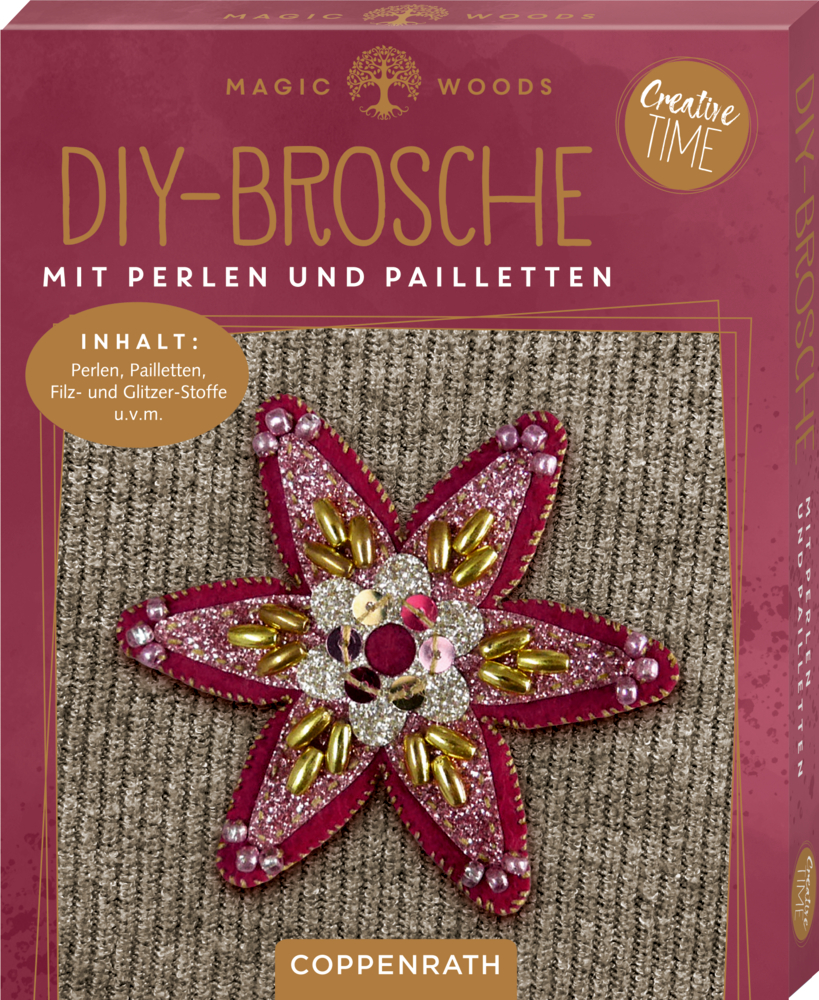 Stern, DIY-Brosche mit Perlen/Pailletten: Magic Woods (Creative Time) DIY-Broschenset mit Perlen und Pailletten in Blütenform auf grauem Stoff, rosa-goldene Verpackung.