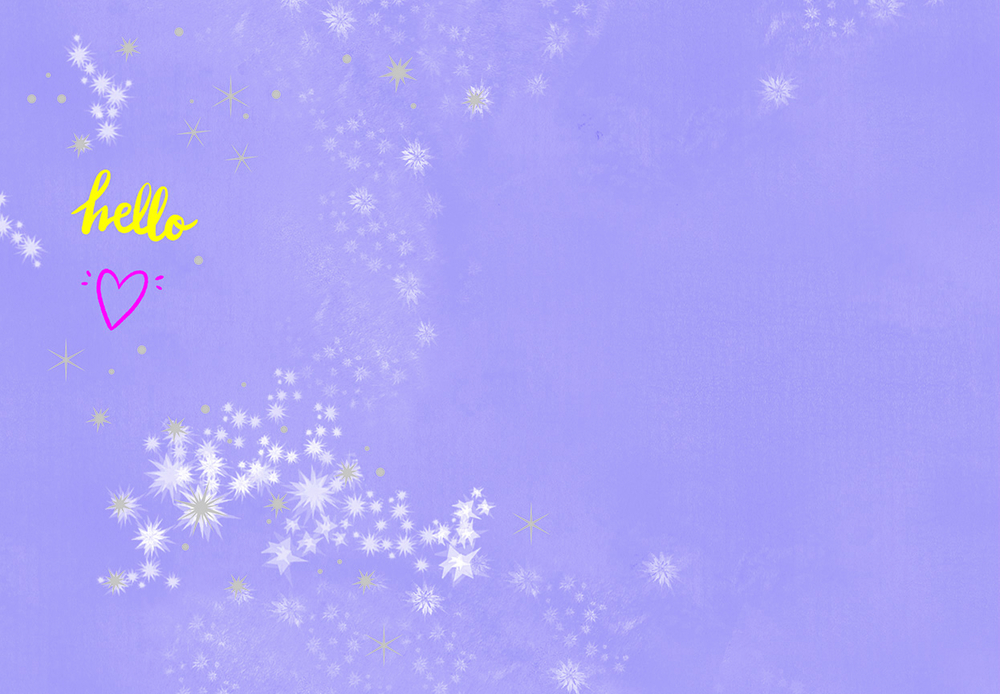 Lila Hintergrund mit weißen und gelben Sternen, einem rosafarbenen Herzen und „Hello“ in gelber Schreibschrift.
