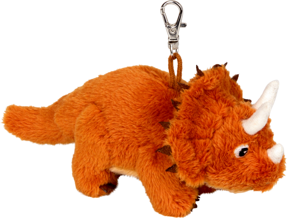 Triceratops, Dino-Anhänger - Dino Friends Orangefarbener Triceratops-Schlüsselanhänger aus Plüsch mit weißen Hörnern und einem silbernen Metallverschluss.