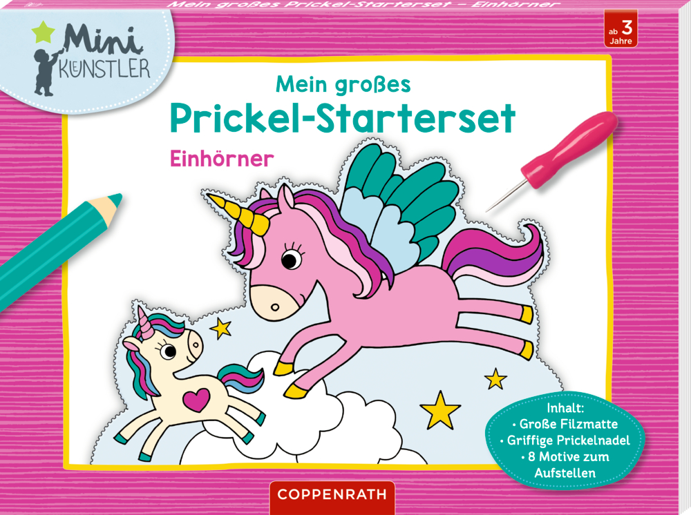 Mein großes Prickel-Starterset: Einhörner - Mini-Künstler Verpackung des Prickel-Startersets mit Einhorn-Motiven, einem türkisfarbenen Stift und einer Prickelnadel.