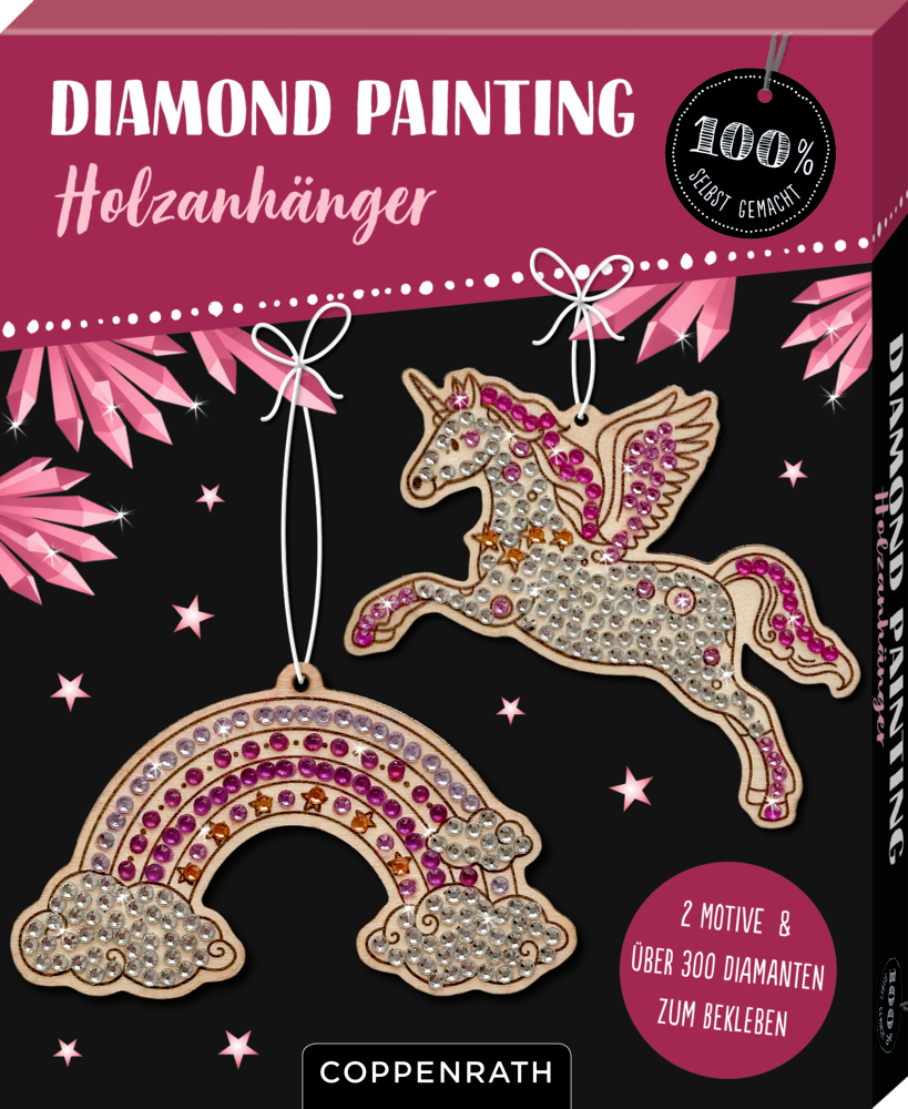 Schachtel mit hÃ¶lzernen Diamond-Painting-Holzanhängern â€“ Einhorn- und Regenbogendesigns â€“ mit rosa und silbernen Edelsteinen.