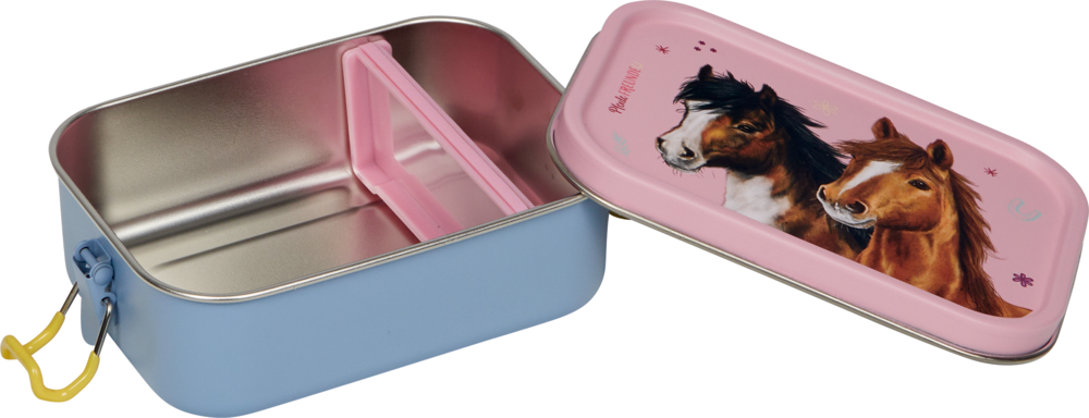 Blaue Lunchbox mit rosa Deckel, verziert mit Abbildungen von zwei Pferden – einem braunen und einem schwarzen.
